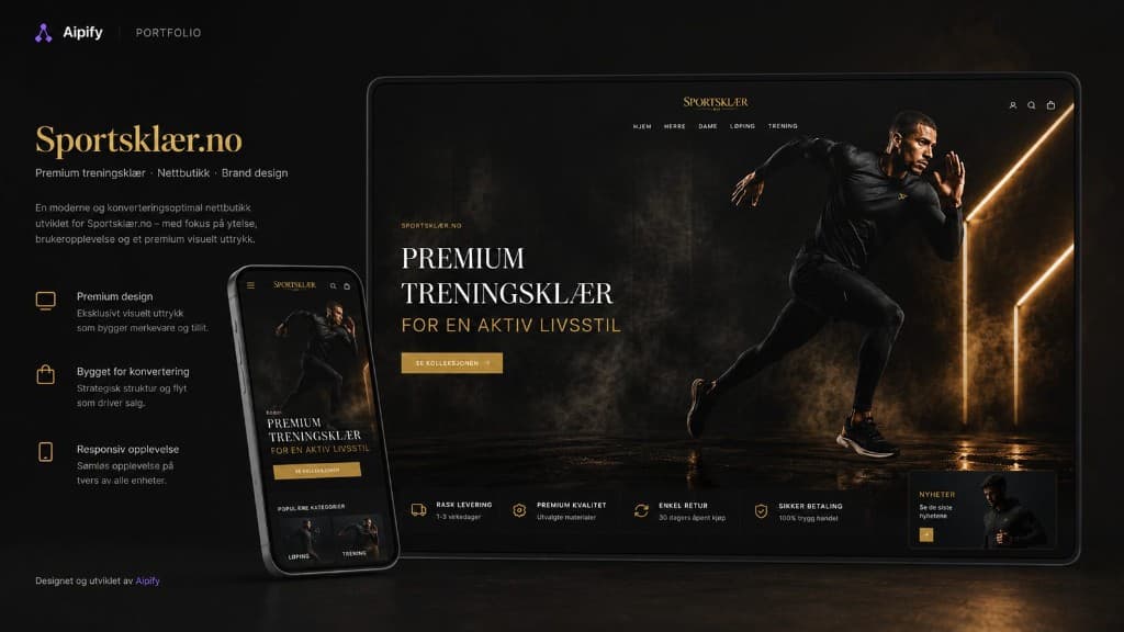 Skjermbilde av Sportsklær.no med premium nettbutikk, hero og produktkategorier på desktop og mobil.