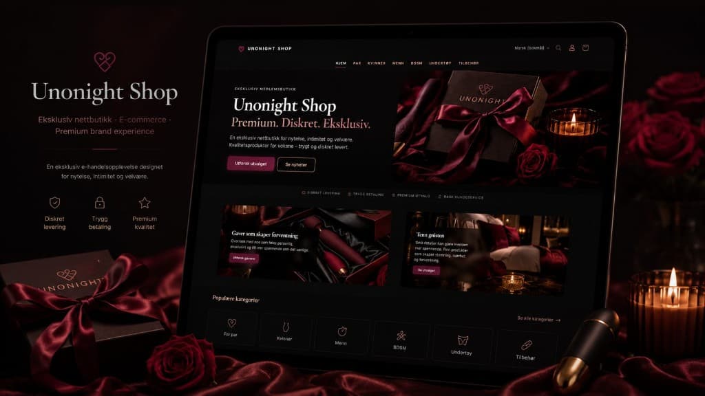 Skjermbilde av Unonight Shop med premium nettbutikk, kategorier og produktpresentasjon.